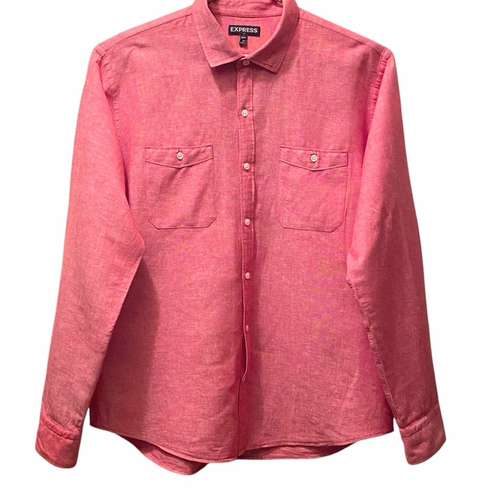 Express Men's XL Linen Blend Button Up Shirt Heathered Coral Red XL (17-17.5)